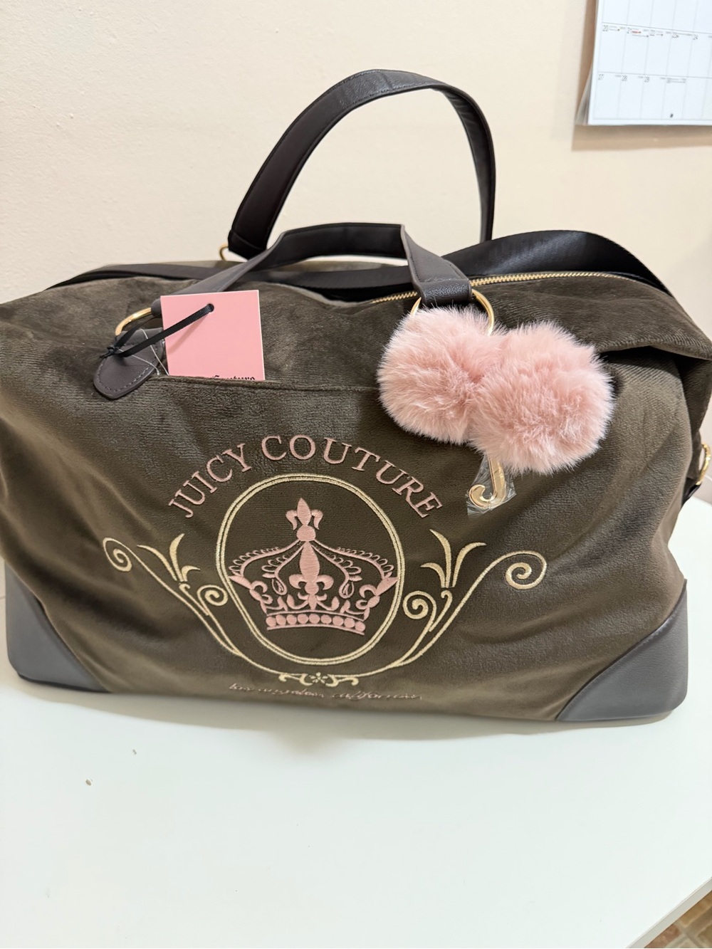 Juicy Couture Olive Green & Pink Pom Travel Bag